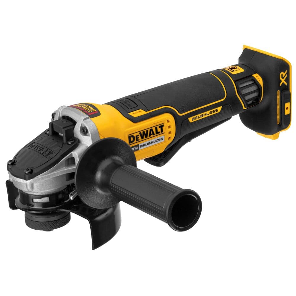 Una amoladora angular inalámbrica DEWALT con motor sin escobillas, de diseño negro y amarillo y mango lateral.